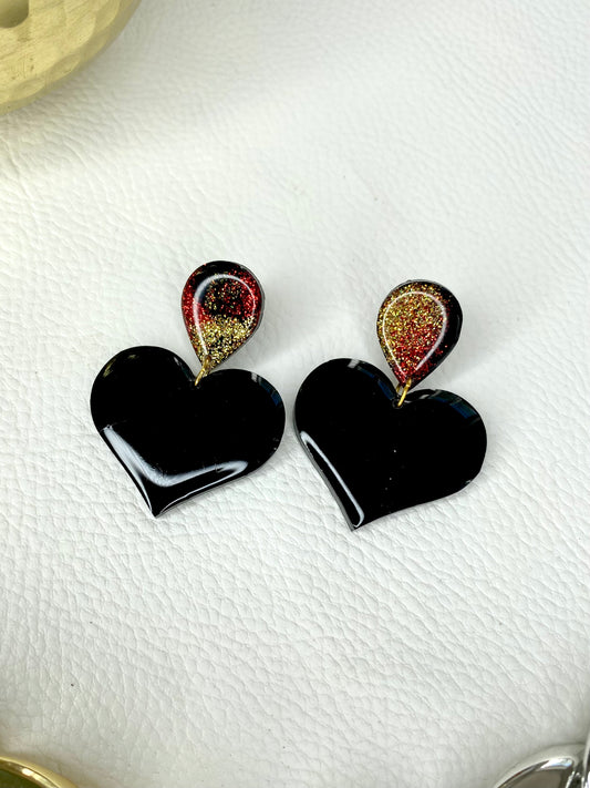 BOUCLES d'oreilles - Goutte Rouge & Or & Maxi Coeur Noir